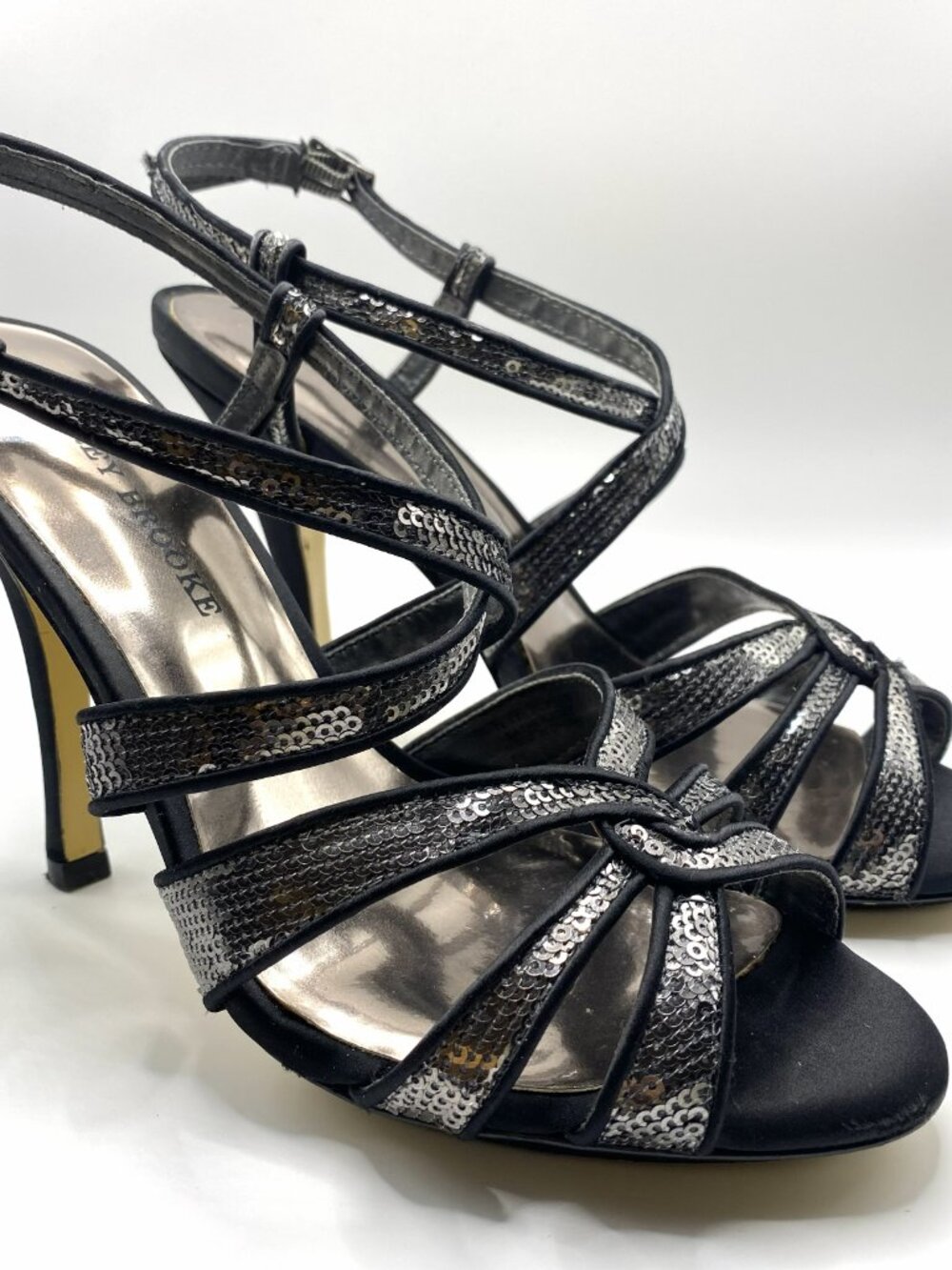 Audrey Brooke Silver & Black Sequined Strapped Heels 8M